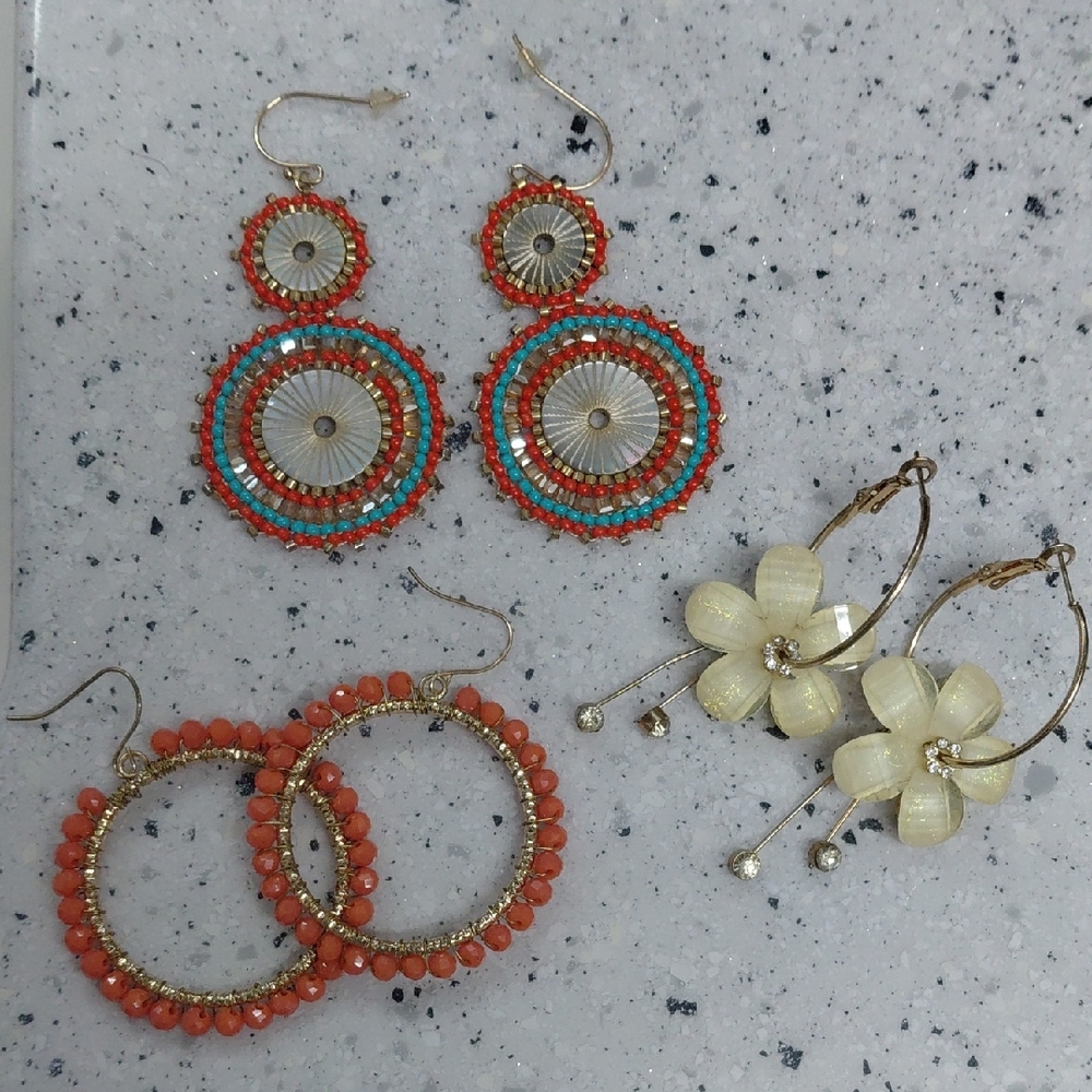 Colorful Beaded Hoop Earrings Bundle Of 3